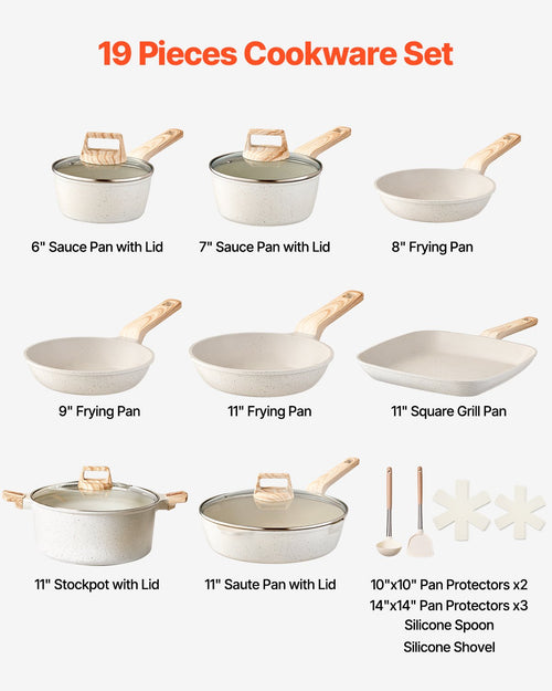 19 Piece Pots And Pans Set Nonstick, Granite Cookware Set, Induction Cookwares, Kitchen RV Cooking Sets With Frying, Sauce, Saute, Tempered Glass Lids, And Pan Protectors, White