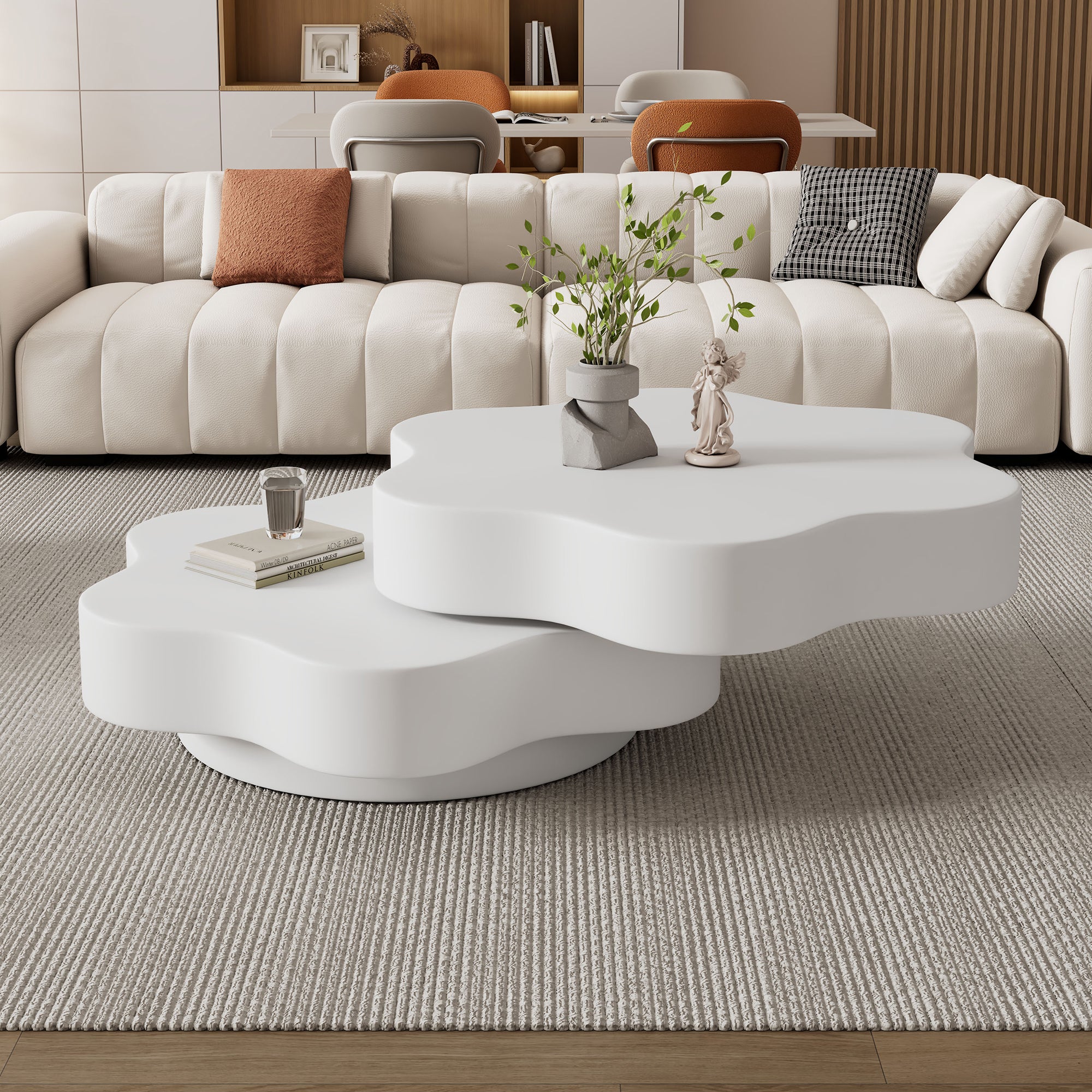 Flower-shaped Coffee Table, 360 Rotating Tabletop, Rotating End Table, Double-layer Sofa Sidetable, 2 Shelves,  Load Capacity 30kg, 74.8x67.5x31cm, MDF, Cream White