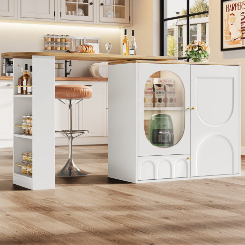 360  Rotating Bar Table Body 138 X 39 X 105 Cm, Coffee Bar Furniture, Rotating Dining Table With Storage Space, Kitchen Island, Two Doors With Shelves, Sideboard, Buffet, White