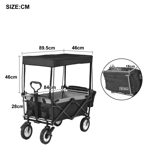 Garden Cart With Romovable Canopy, Foldable Trolley Wagon 4 Wheels Front Cup Holder Cooler Bag Push Pull Handle Hand Truck Black
