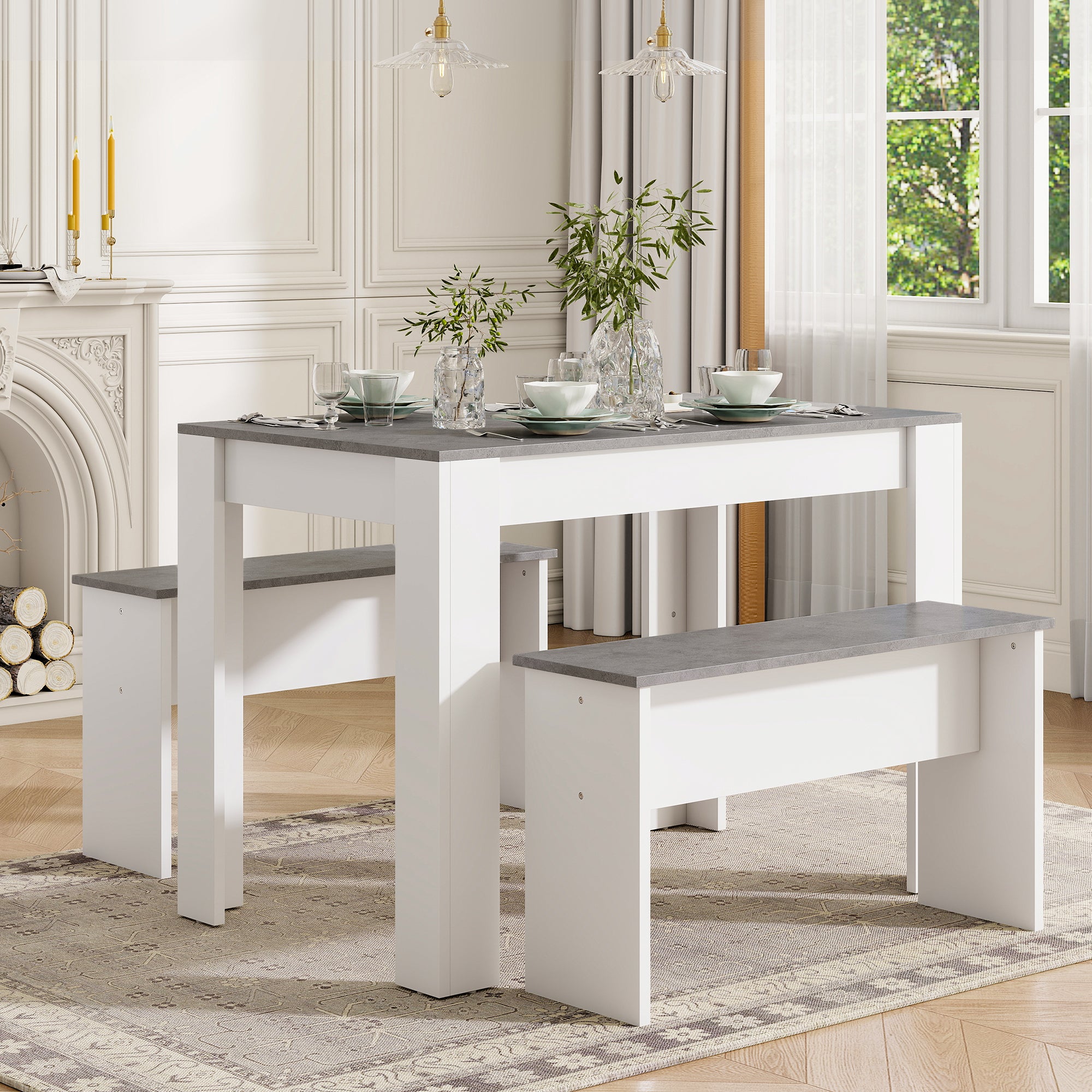 Dining Table With 2 Benches Dining Table Set For Kitchen, Dining Room, Small Space Artificial Marble Grey And White