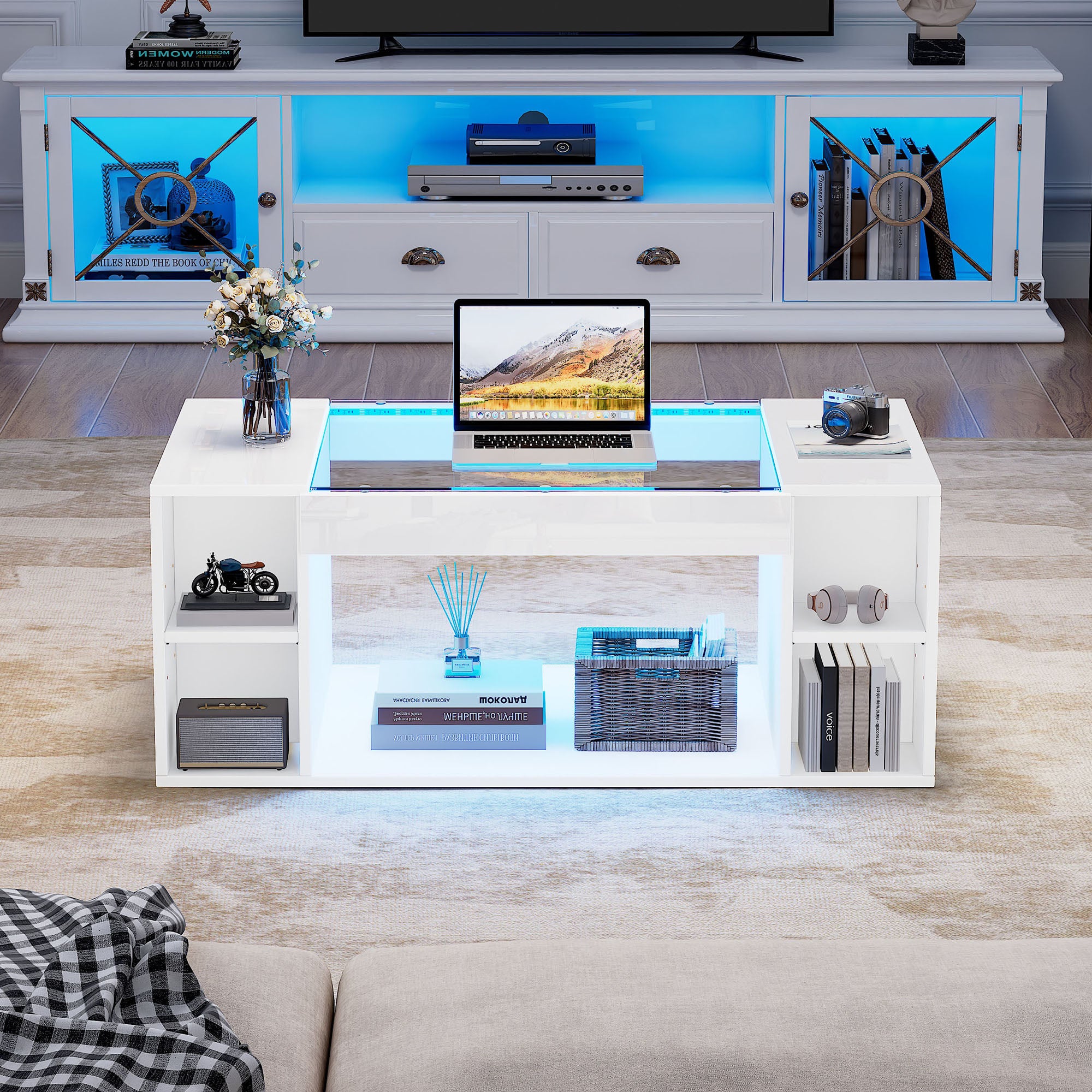High Gloss Coffee Table With Open Storage, LED Lights, Centre Table With Glass Tabletop, Sofa Side Table, Coffee End Table For Living Room, Office, 100x50x40cm, White, MDF