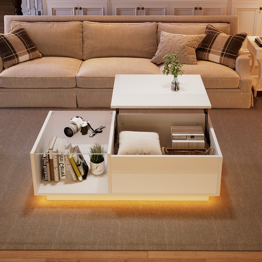 Lift Up Coffee Table Hidden Storage, High Gloss Centre Table With LED, Lifting Sofa Side Table, Space-saving End Table For Living Room Bedroom, Reception, Tea Table, 100x50x33cm, White,MDF Glass