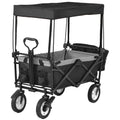 Garden Cart With Romovable Canopy, Foldable Trolley Wagon 4 Wheels Front Cup Holder Cooler Bag Push Pull Handle Hand Truck Black