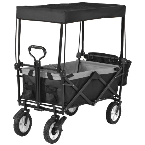 Garden Cart With Romovable Canopy, Foldable Trolley Wagon 4 Wheels Front Cup Holder Cooler Bag Push Pull Handle Hand Truck Black
