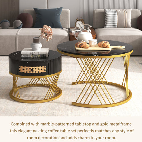2 In 1 Round Coffee Table Made Of MDF With Marble Grain Veneer Top, Rattan Drawers And Solid Wood Handles. Gold Coloured Iron Legs. 70x70x45.5  50x50x38.5cm