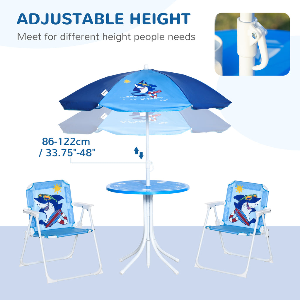 Kids Outdoor Bistro Table And Chair Set, Folding Garden Furniture W/ Shark Design, Removable, Adjustable Sun Umbrella, Ages 3-6 Years - Blue