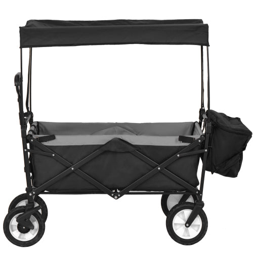Garden Cart With Romovable Canopy, Foldable Trolley Wagon 4 Wheels Front Cup Holder Cooler Bag Push Pull Handle Hand Truck Black