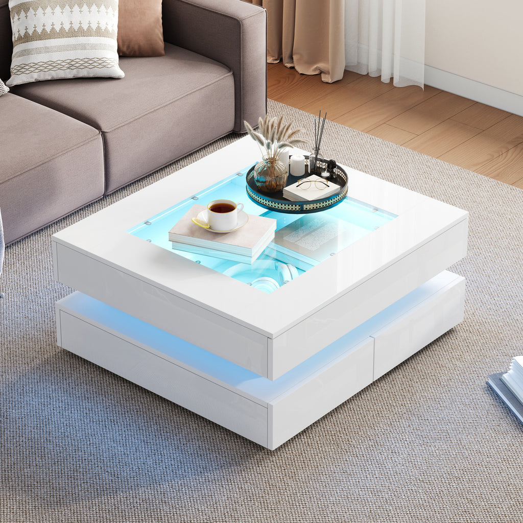 Highgloss Coffee Table With 3 Drawers, LED Lights, Square Centre Table With Glass Tabletop, Sofa Side Table , Tea Table For Living Room, Office, 70x70x35cm, White