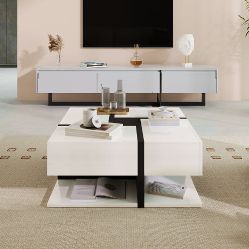 Coffee Table, Table With 4 Drawers, Unique Color Matching And Line Design, Storage Space At The Bottom. 78x78x36cm
