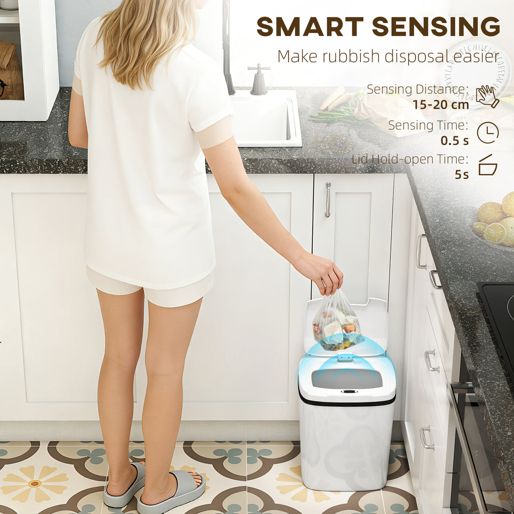 15L Sensor Bin, Automatic Touchless Kitchen Bin, Easy Clean, Battery Operated For Home Office, Bedroom, Bathroom, White