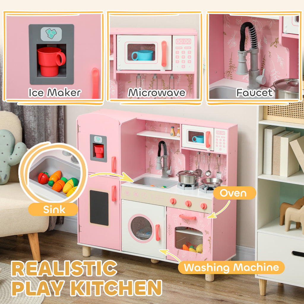 Play Kitchen, Kids Kitchen Set With Lights And Sounds, Double Stoves, Ice Maker, Chalkboard For 3+ Years, Pink