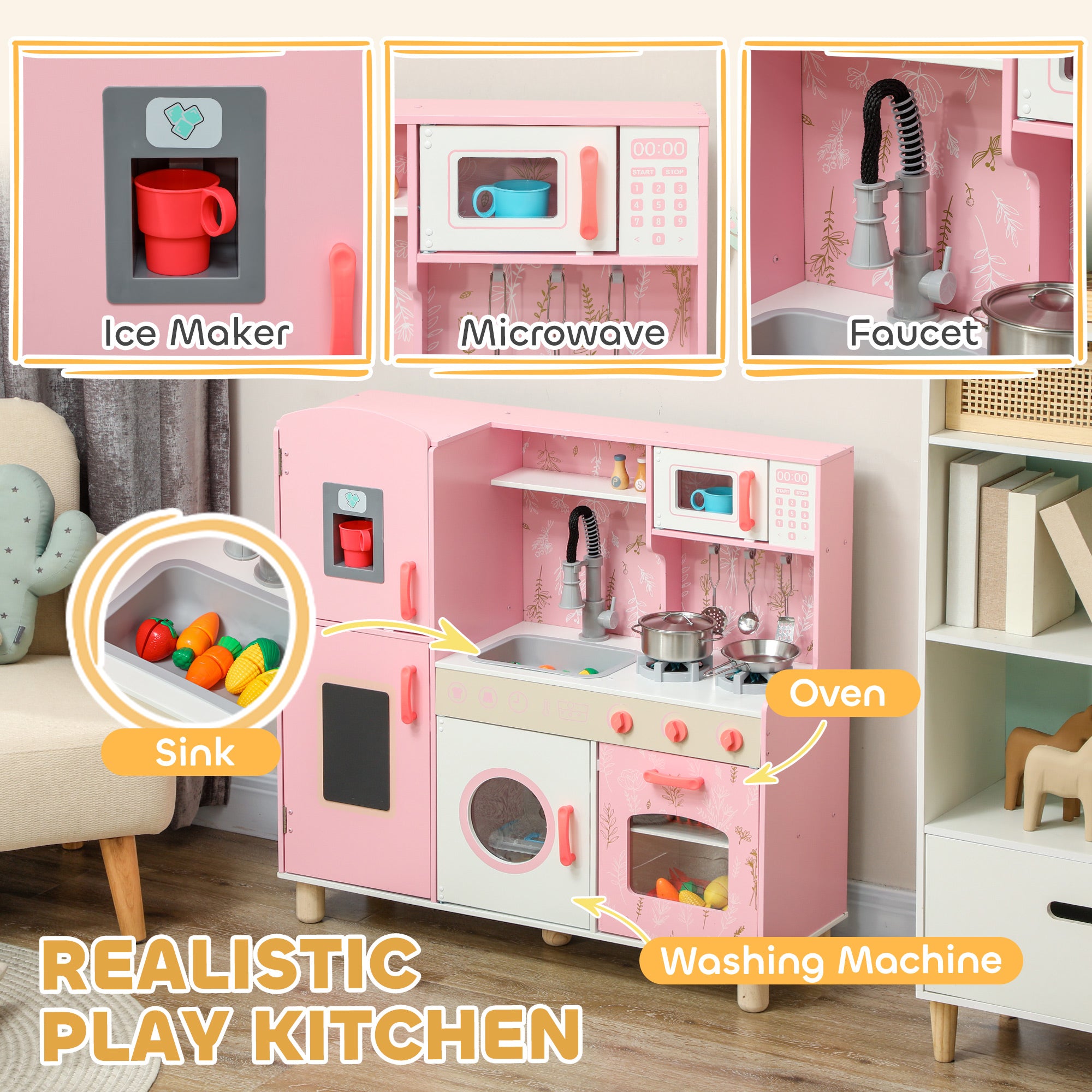 Play Kitchen, Kids Kitchen Set With Lights And Sounds, Double Stoves, Ice Maker, Chalkboard For 3+ Years, Pink