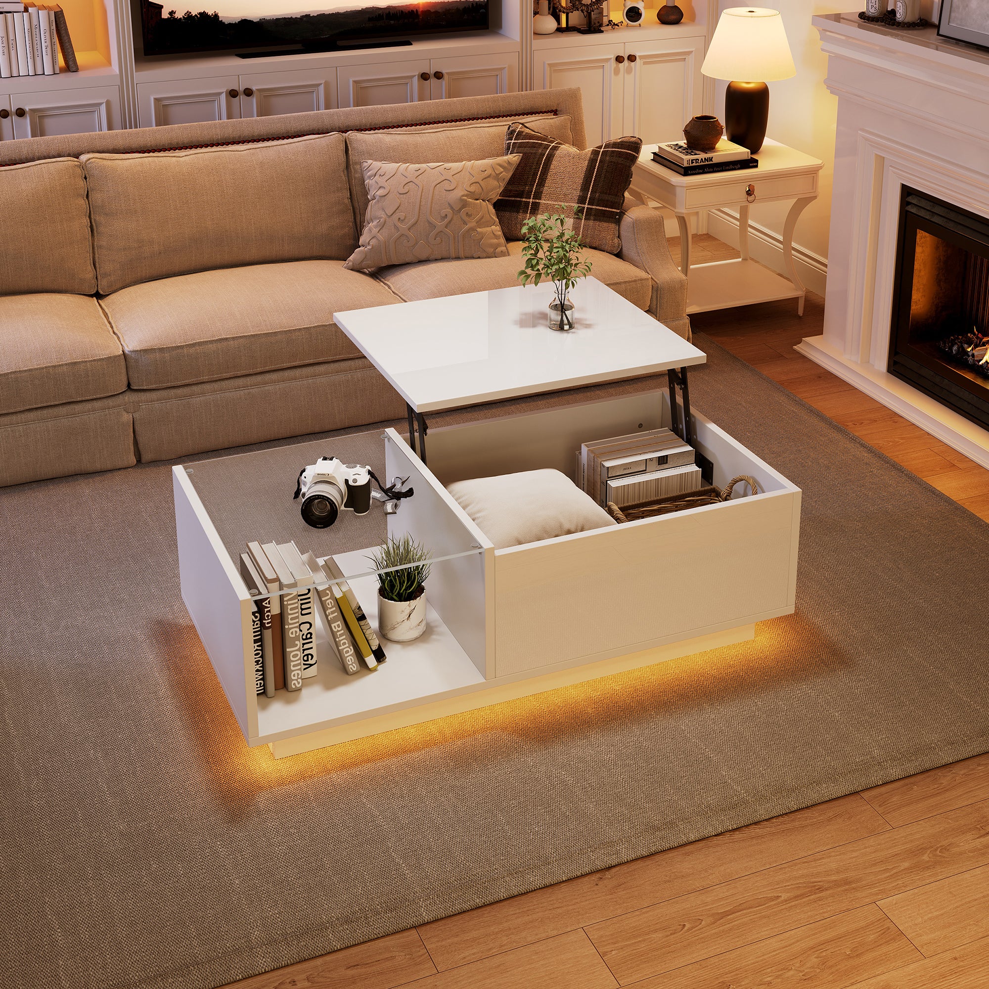 Lift Up Coffee Table Hidden Storage, High Gloss Centre Table With LED, Lifting Sofa Side Table, Space-saving End Table For Living Room Bedroom, Reception, Tea Table, 100x50x33cm, White,MDF Glass