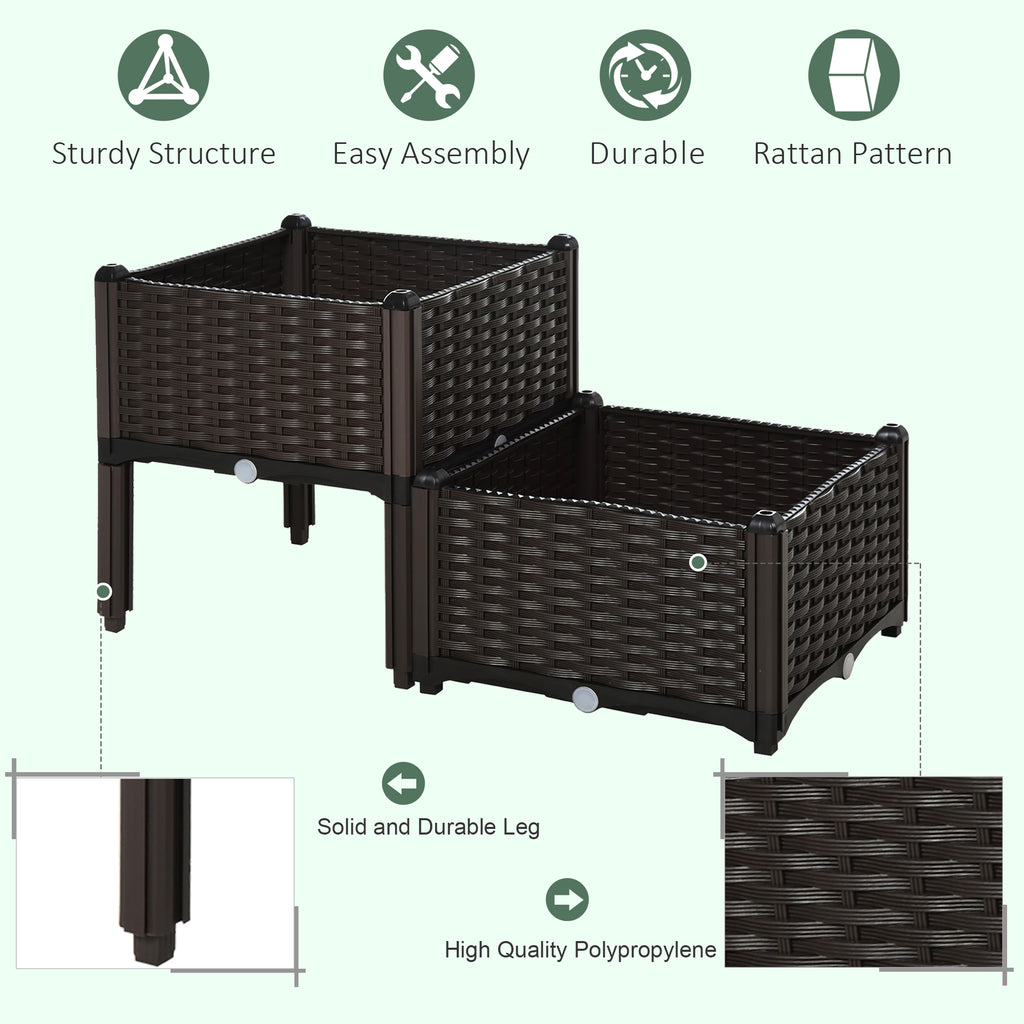 Set Of 2 26L Garden Raised Bed Elevated Patio Flower Plant Planter Box PP Vegetables Planting Container, Brown