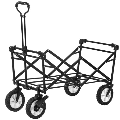 Garden Cart With Romovable Canopy, Foldable Trolley Wagon 4 Wheels Front Cup Holder Cooler Bag Push Pull Handle Hand Truck Black
