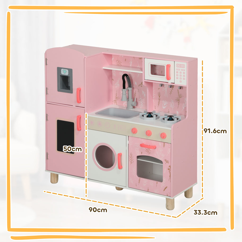 Play Kitchen, Kids Kitchen Set With Lights And Sounds, Double Stoves, Ice Maker, Chalkboard For 3+ Years, Pink