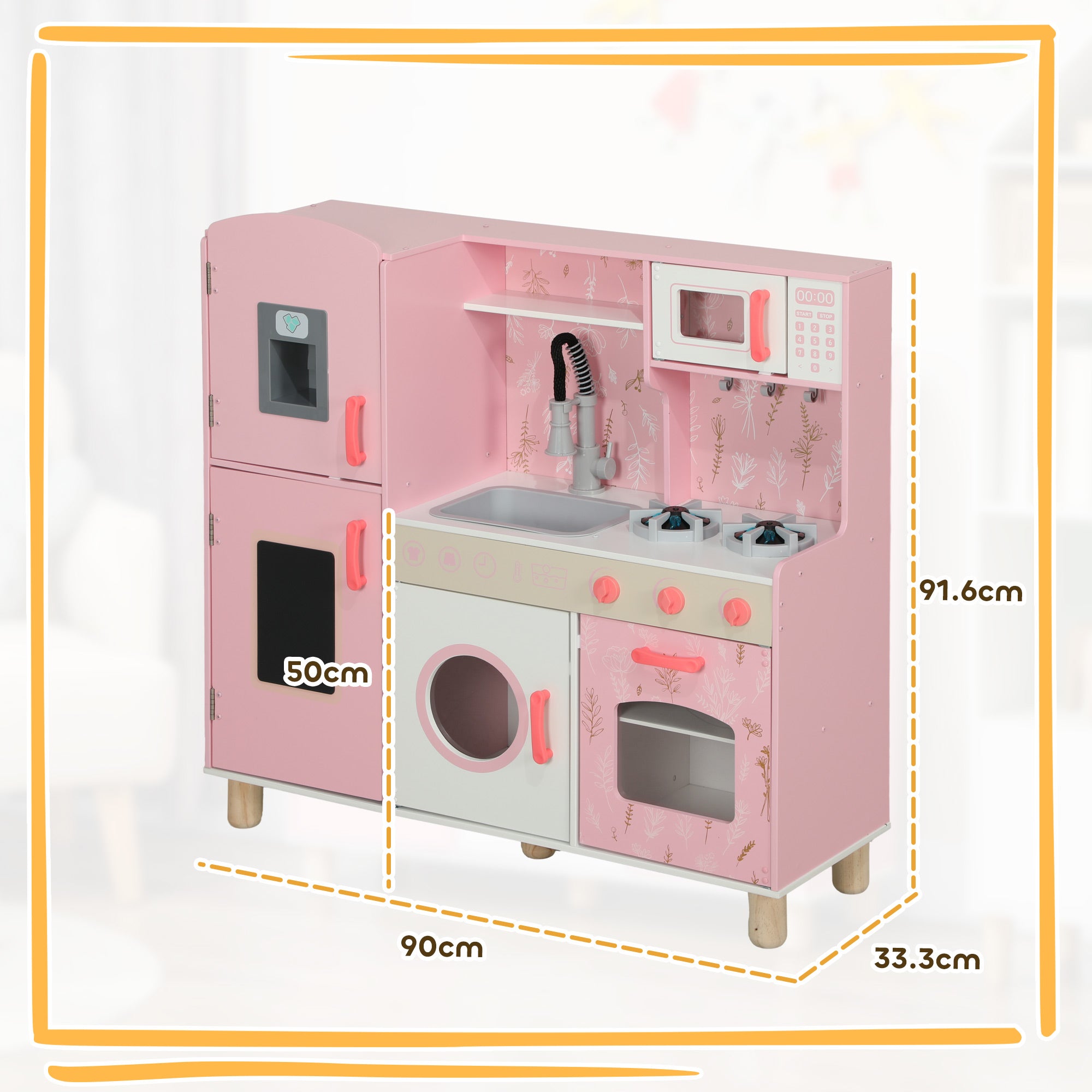 Play Kitchen, Kids Kitchen Set With Lights And Sounds, Double Stoves, Ice Maker, Chalkboard For 3+ Years, Pink