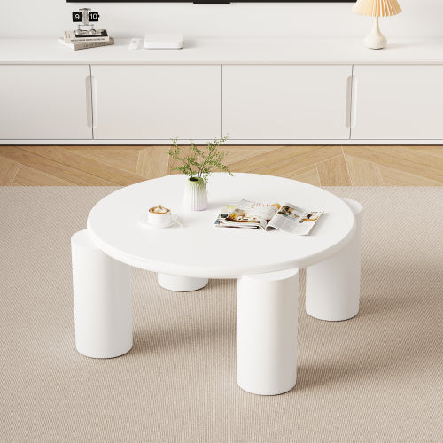 White Round Coffee Table,Wooden Painted Coffee Table,Tea Table, Cute Wooden Modern Center Table With 4 Legs For Bedroom Apartment, Living Room, Farmhouse