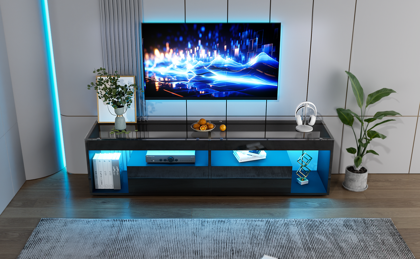 High Gloss TV Stand With 2 Drawers,glass Tabletop,TV Cabinet Storage Sideboard With LED Lights For Livingroom Bedroom,TV Entertainment Center With Open Storage, 180X40X46cm, Black, Holds TVs Up To 80