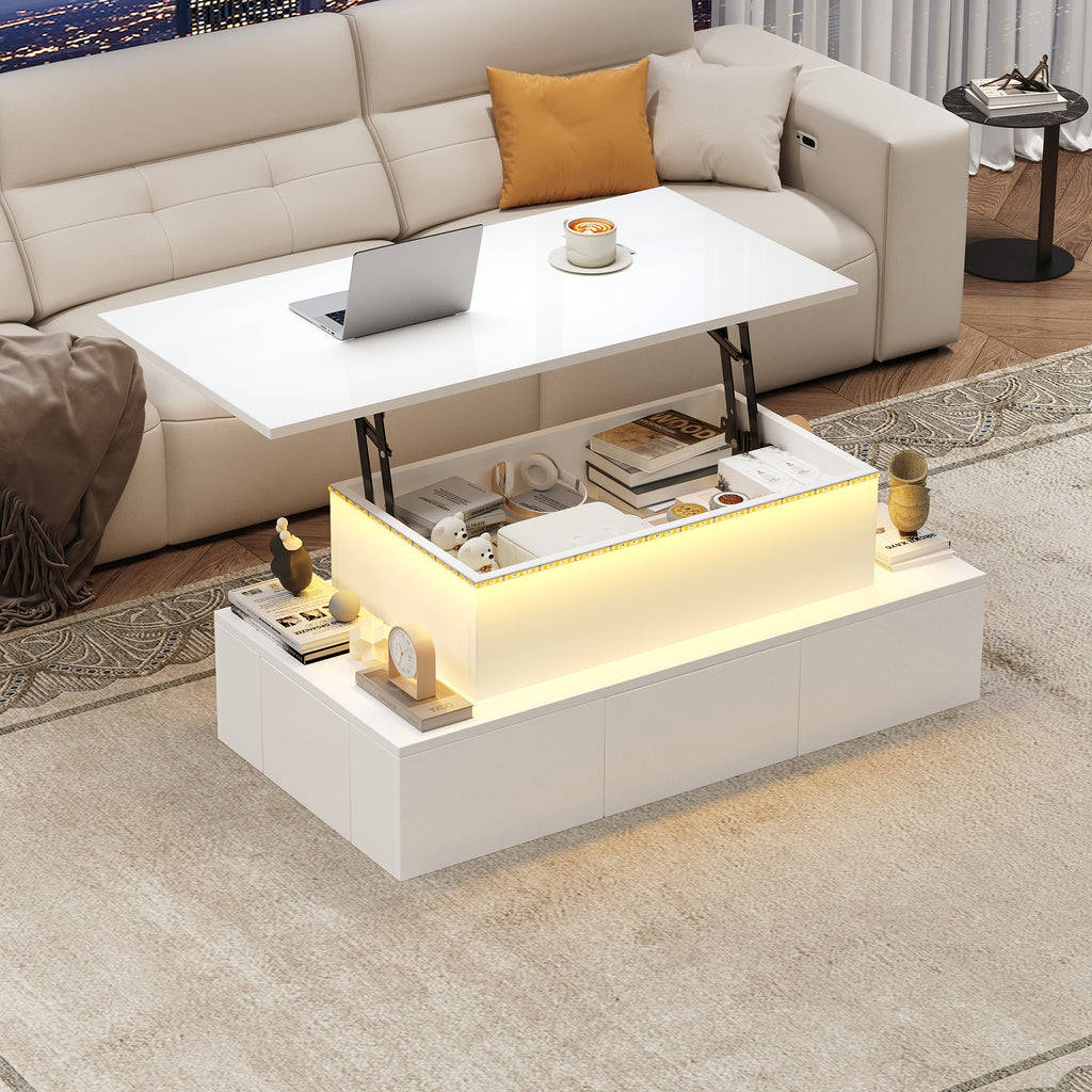 Lift-Top Coffee Table, Highgloss Centre Table With 4 Drawers & LED Lights, Lifting Sofa Side Table, Space-saving End Table,Tea Table,for Livingroom, Office,100x50x40cm, White
