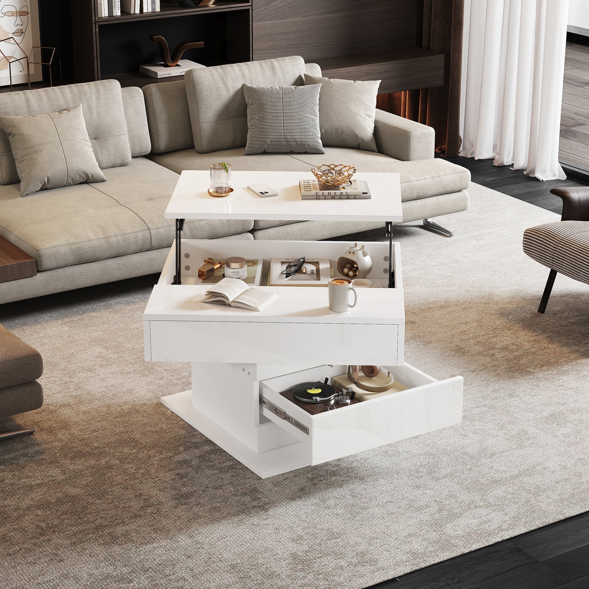 360 Rotating Coffee Table, Highgloss Lift-Top Centre Table With 1 Drawers, Rotating Lifting Sofa Side Table, Space-saving End Table,Tea Table,70x70x45cm, White