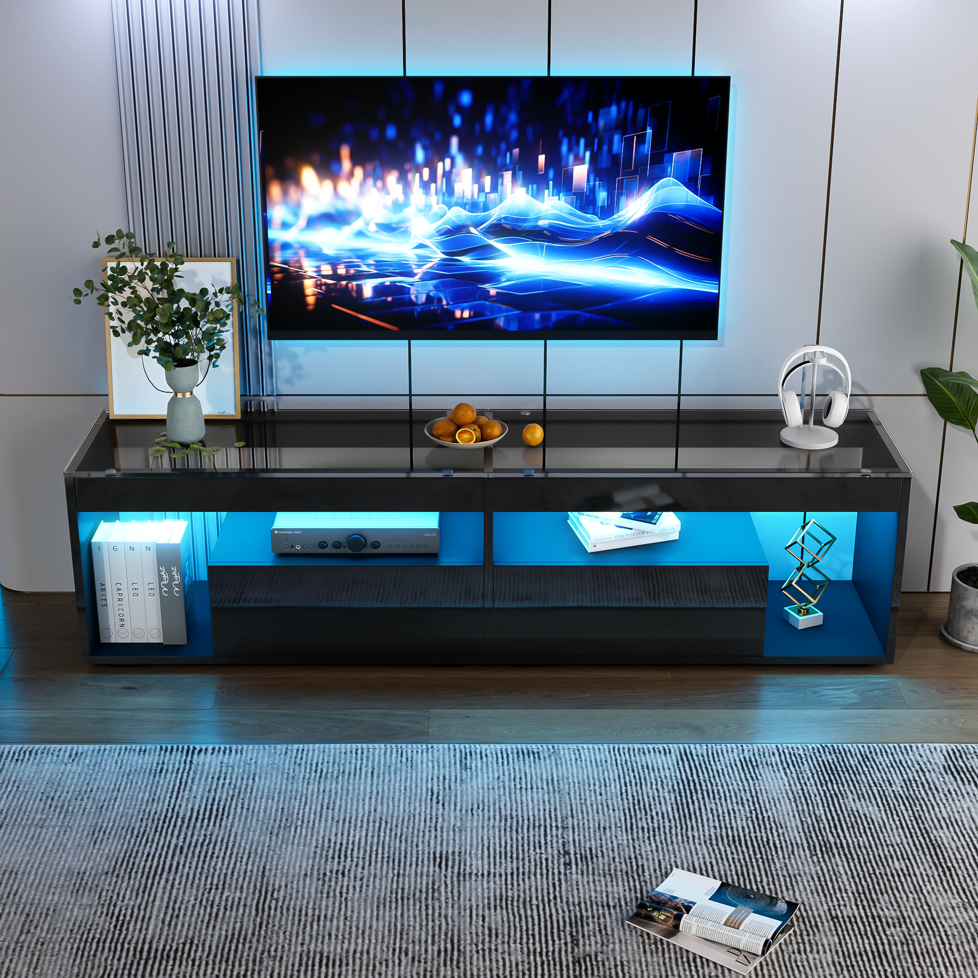 High Gloss TV Stand With 2 Drawers,glass Tabletop,TV Cabinet Storage Sideboard With LED Lights For Livingroom Bedroom,TV Entertainment Center With Open Storage, 180X40X46cm, Black, Holds TVs Up To 80