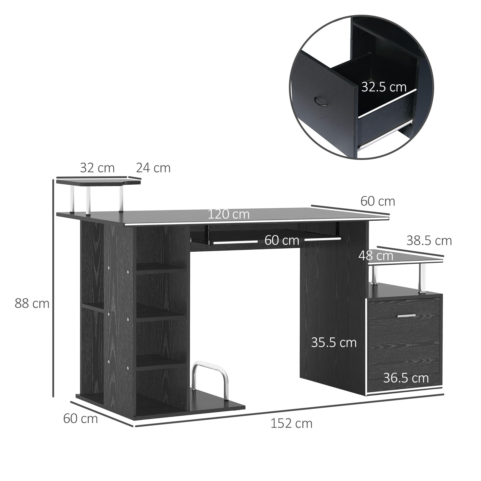 Computer Desk PC Workstation With Drawer Shelves CPU Storage Rack Home Office Furniture 152 X 60 X 88cm BLACK