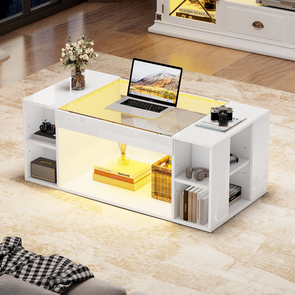 High Gloss Coffee Table With Open Storage, LED Lights, Centre Table With Glass Tabletop, Sofa Side Table, Coffee End Table For Living Room, Office, 100x50x40cm, White, MDF