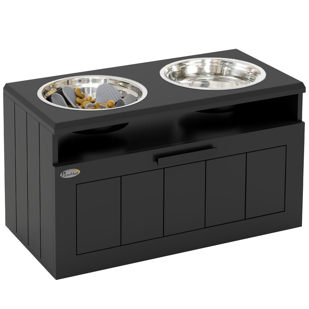 PawHut Raised Dog Bowl With Slow Feeder, Two Stainless Steel Dog Bowls, Drawer, For Large And Extra Large Dogs, Black