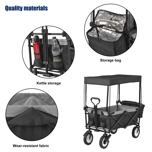 Garden Cart With Romovable Canopy, Foldable Trolley Wagon 4 Wheels Front Cup Holder Cooler Bag Push Pull Handle Hand Truck Black