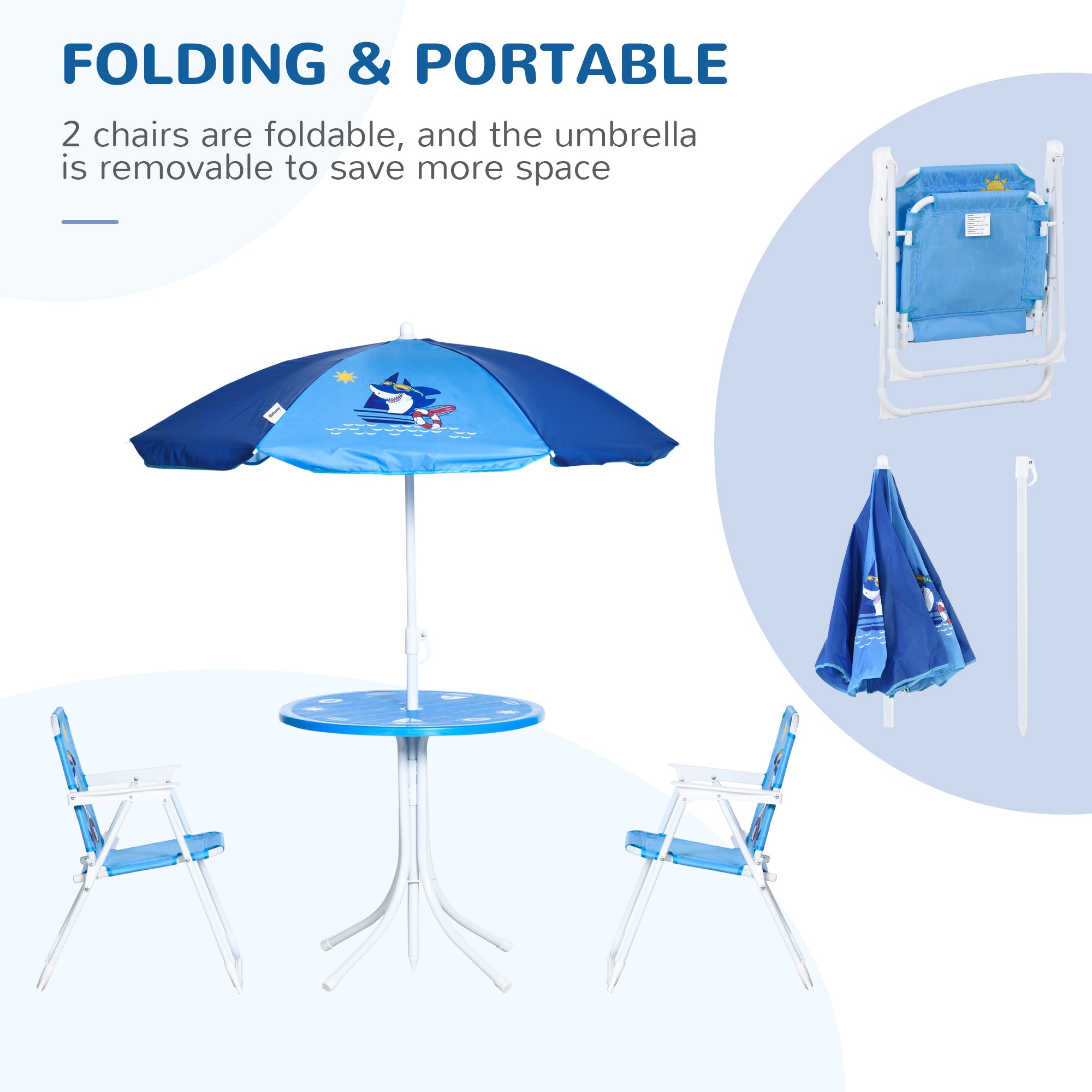 Kids Outdoor Bistro Table And Chair Set, Folding Garden Furniture W/ Shark Design, Removable, Adjustable Sun Umbrella, Ages 3-6 Years - Blue