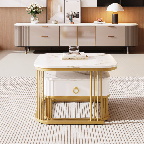 Nestable Coffee Table High Gloss Marble Exterior, Gold Accents, Side Table With Drawer. Set Of Two