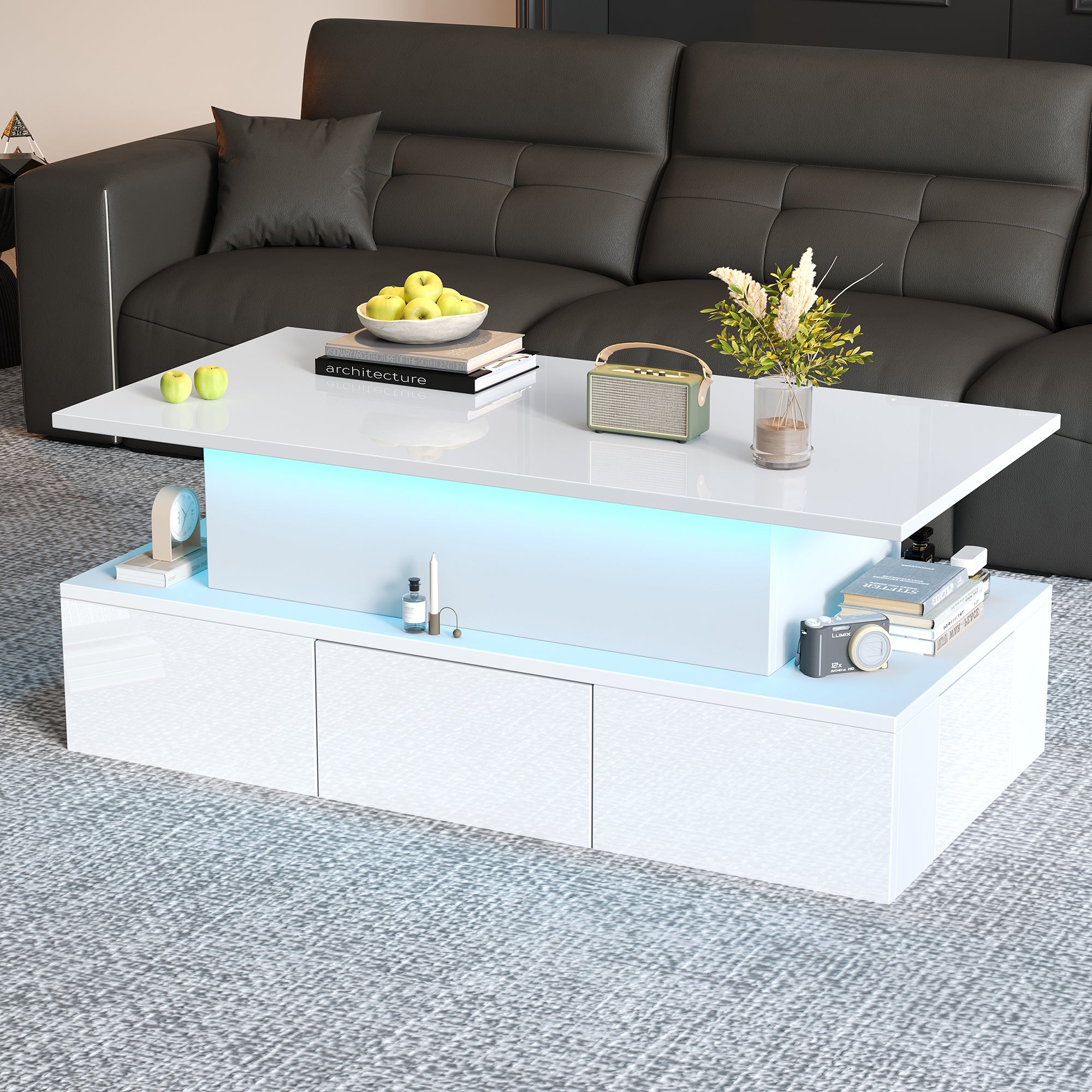 Lift-Top Coffee Table, Highgloss Centre Table With 4 Drawers & LED Lights, Lifting Sofa Side Table, Space-saving End Table,Tea Table,for Livingroom, Office,100x50x40cm, White