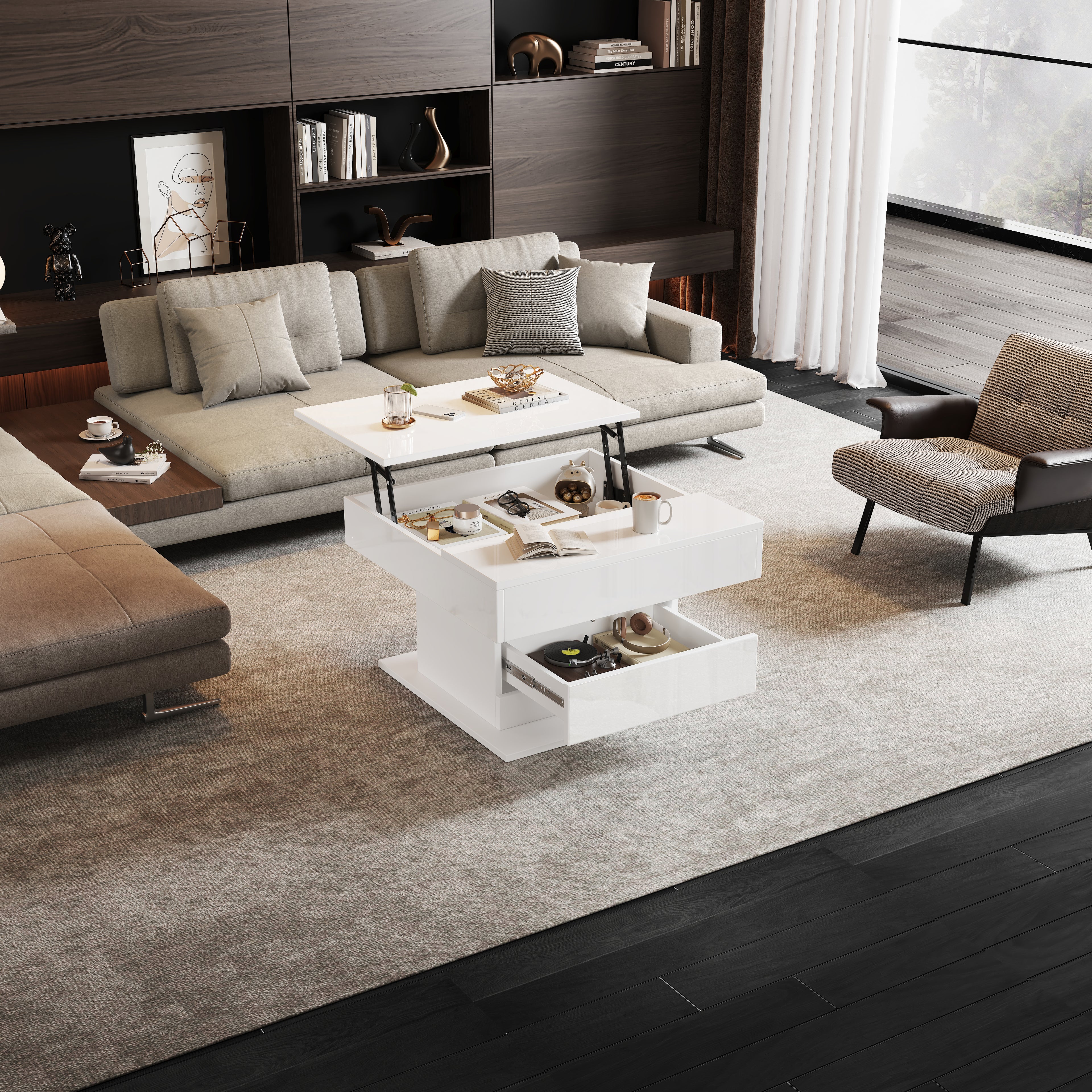 360 Rotating Coffee Table, Highgloss Lift-Top Centre Table With 1 Drawers, Rotating Lifting Sofa Side Table, Space-saving End Table,Tea Table,70x70x45cm, White