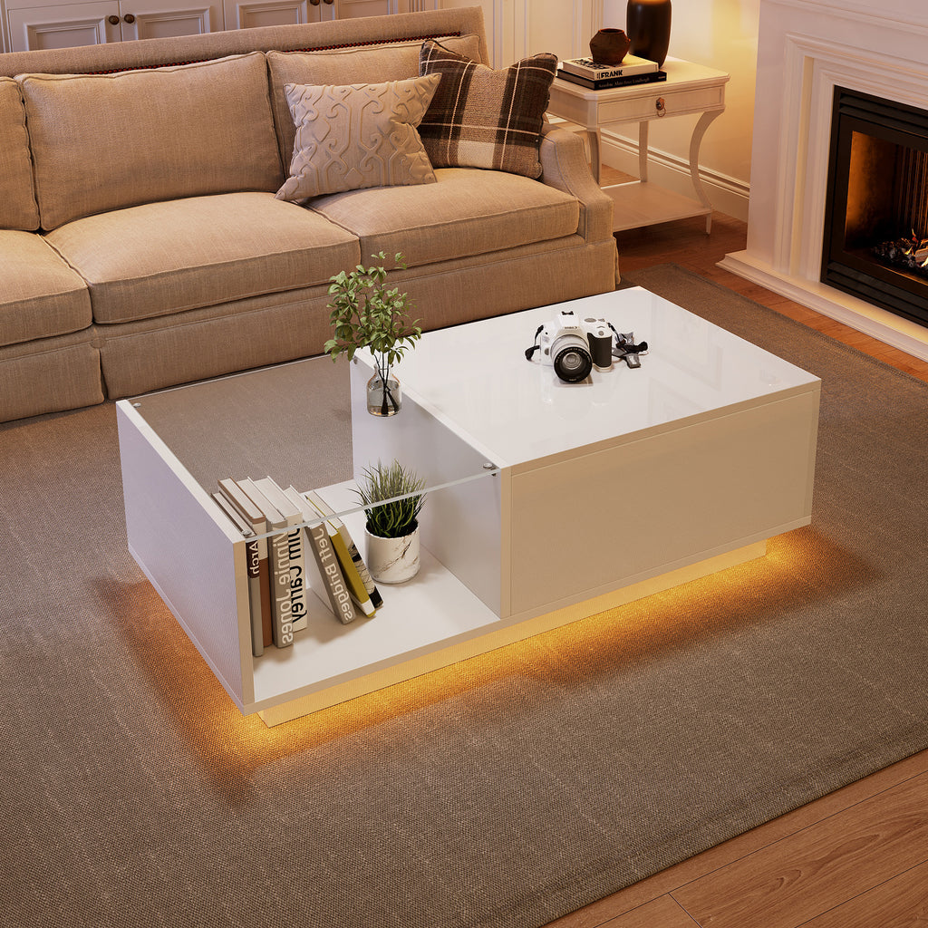 Lift Up Coffee Table Hidden Storage, High Gloss Centre Table With LED, Lifting Sofa Side Table, Space-saving End Table For Living Room Bedroom, Reception, Tea Table, 100x50x33cm, White,MDF Glass