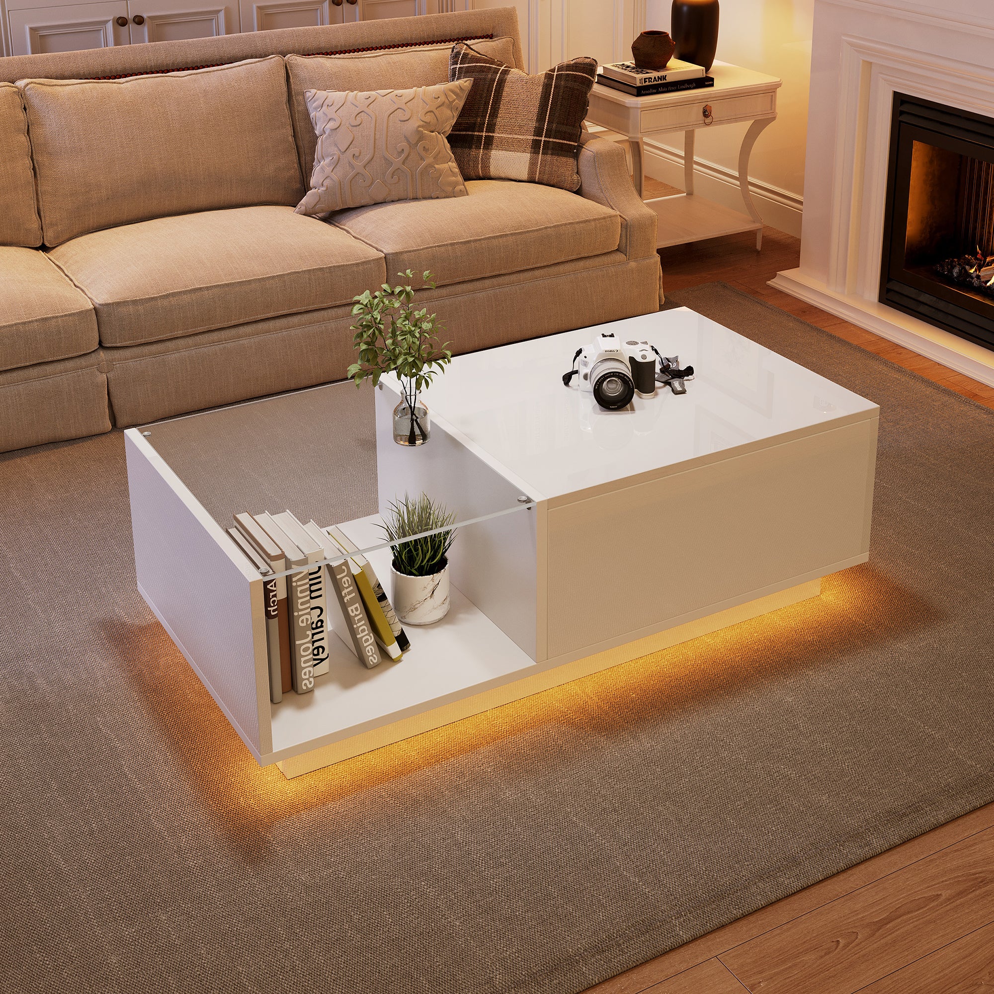 Lift Up Coffee Table Hidden Storage, High Gloss Centre Table With LED, Lifting Sofa Side Table, Space-saving End Table For Living Room Bedroom, Reception, Tea Table, 100x50x33cm, White,MDF Glass