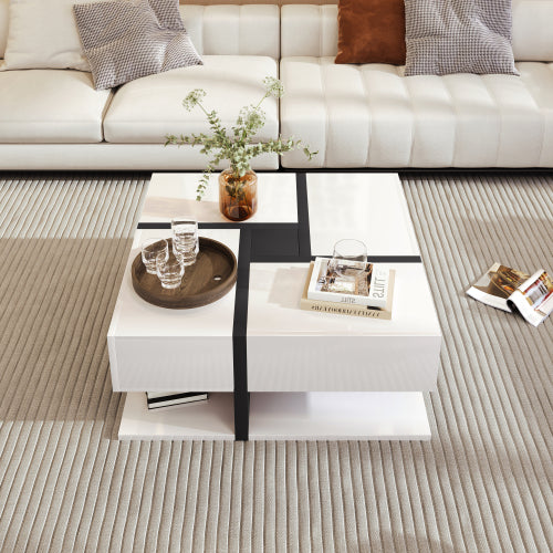 Coffee Table, Table With 4 Drawers, Unique Color Matching And Line Design, Storage Space At The Bottom. 78x78x36cm